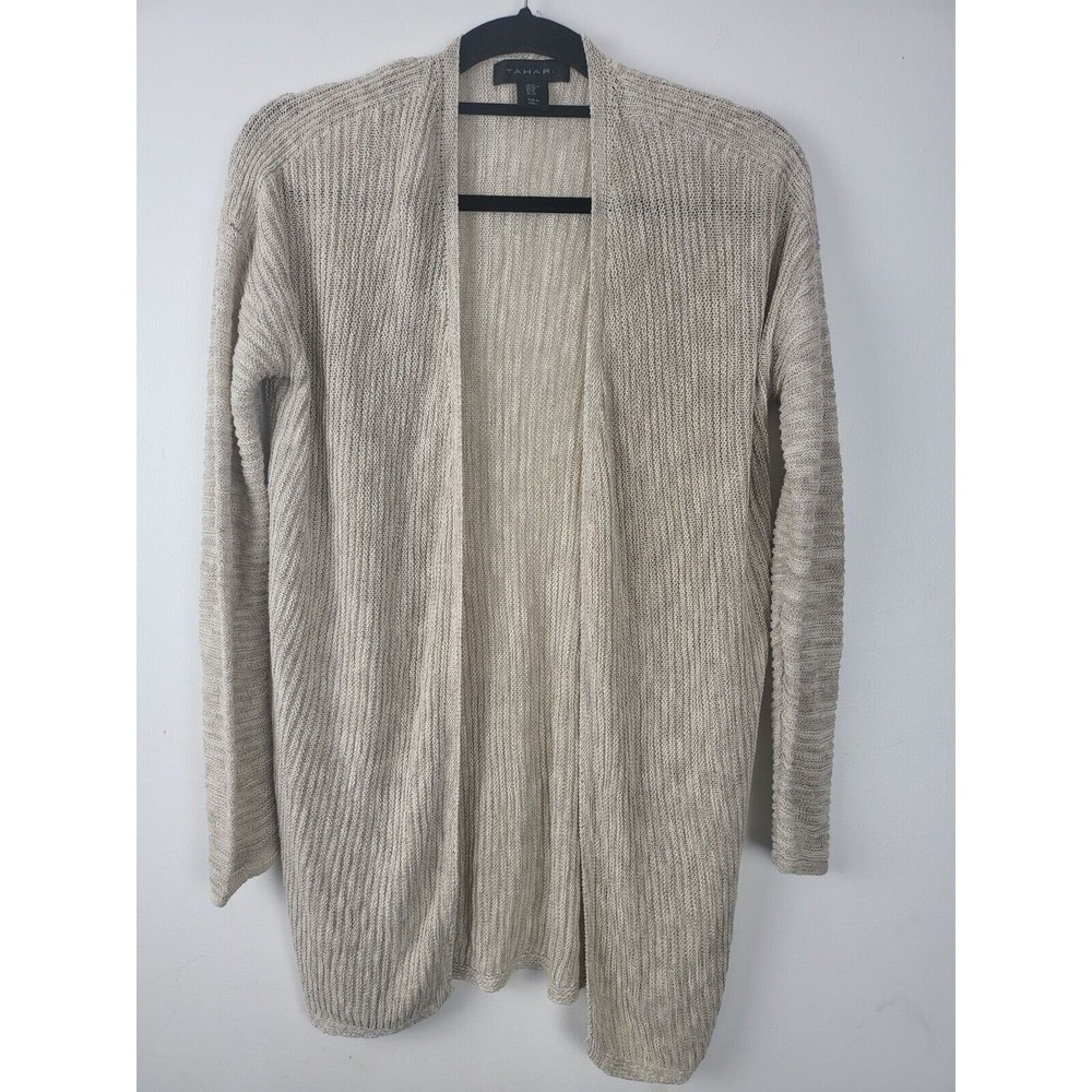 Tahari Cardigan M Womens Tan Long Sleeve Open Front Linen Blend Knit Beachy
